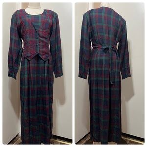 Vintage L.G.S. Multi-Colored Plaid Long Sleeve Embroidered Women's Dress Size 12
